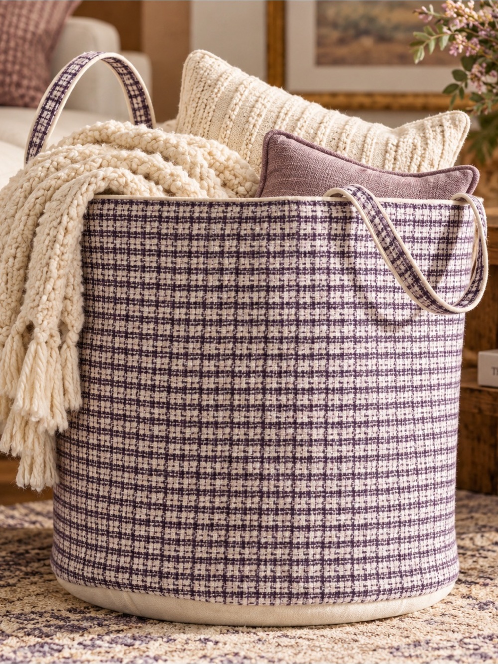 Anthropologie Verity Plaid Cotton Storage Basket Bin Purple Ivory NWT